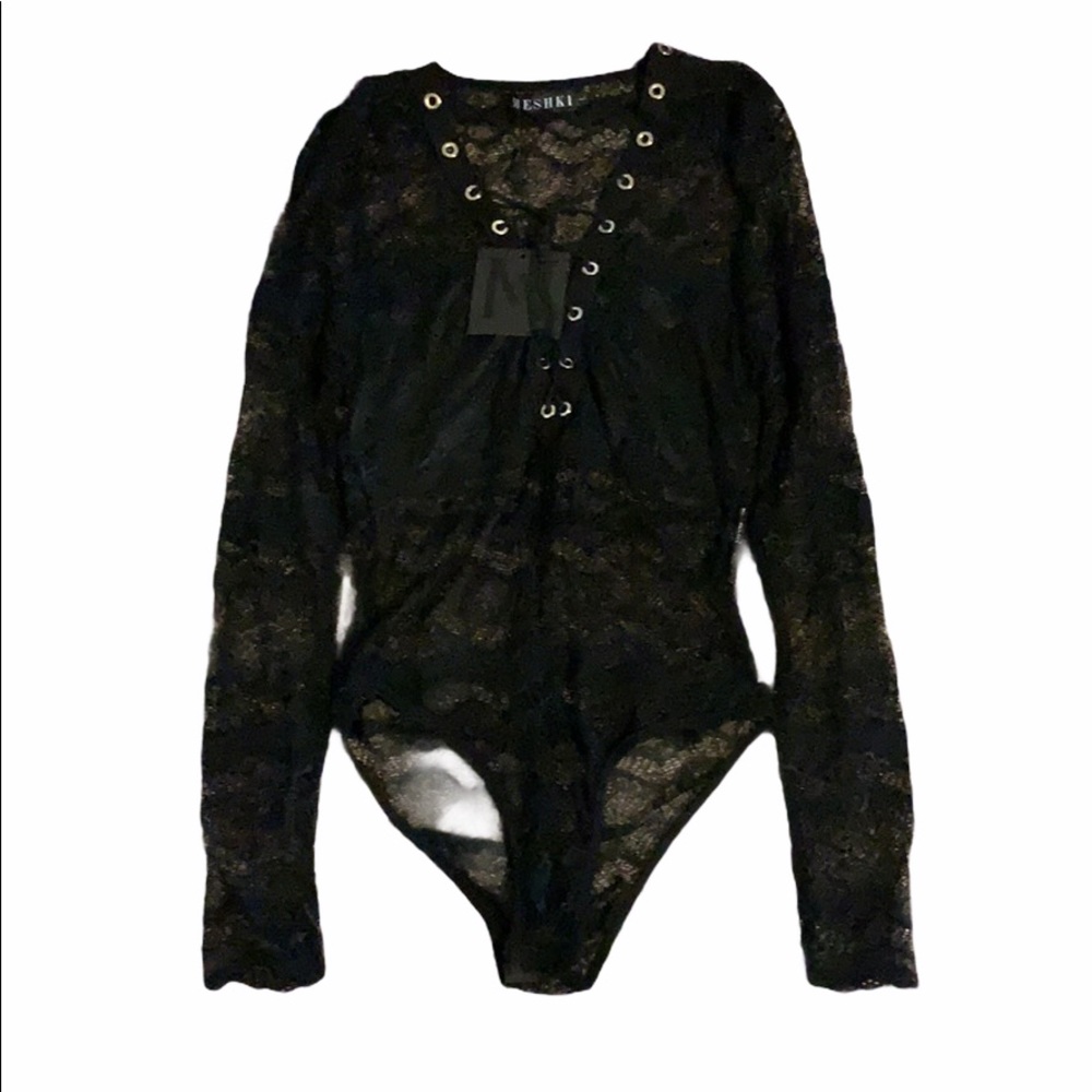 NWT Meshki Black Lace Long Sleeve Lace-Up Bodysuit